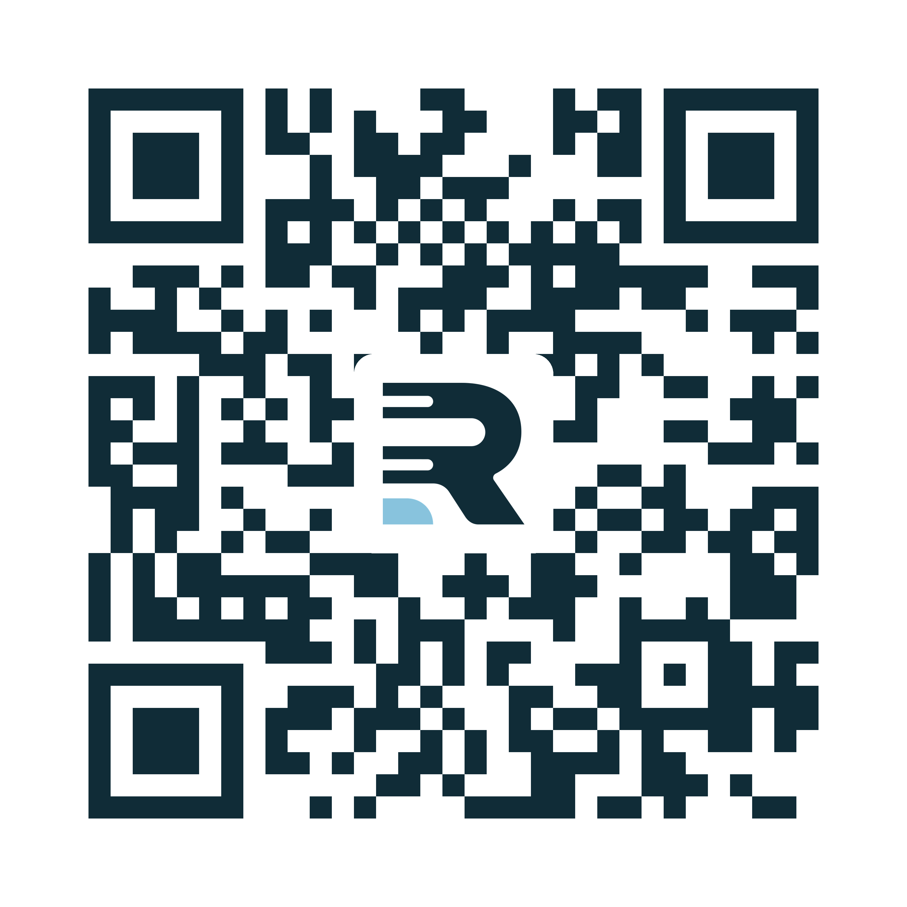 The REAP QR code: dark modules with the REAP R, navy with the Light Blue foot, at the center; it opens reapnet.ai